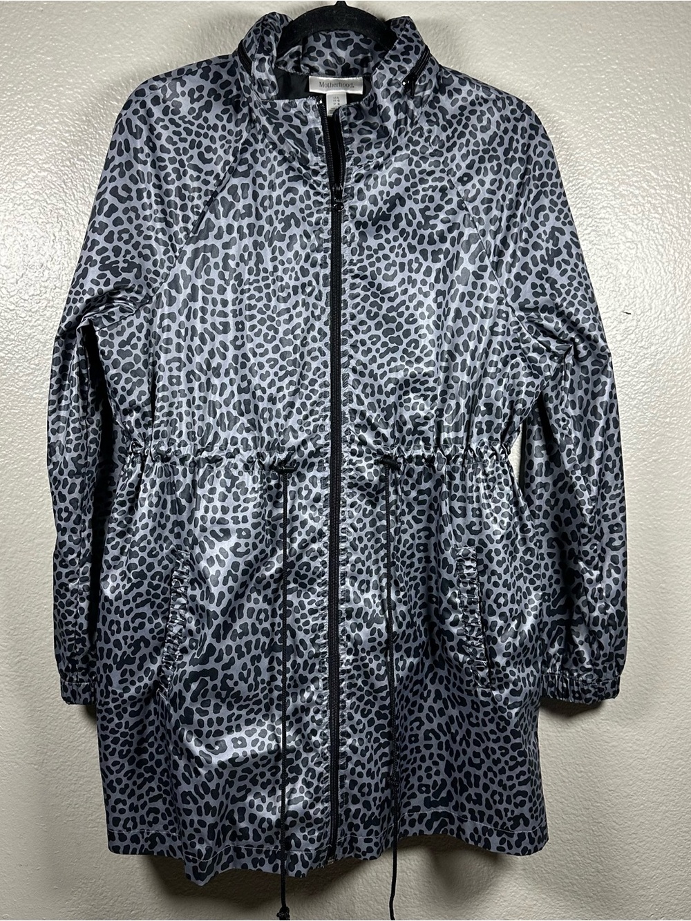 Motherhood Maternity Gray Leopard Print Raincoat with Drawcord Waist SZ:L